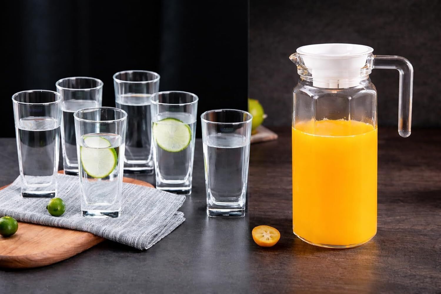 Glass Jug with Lid & 6 Glass Set – Transparent Jug Set for Juice, Lemon, Water Jug Glass Set-image-0