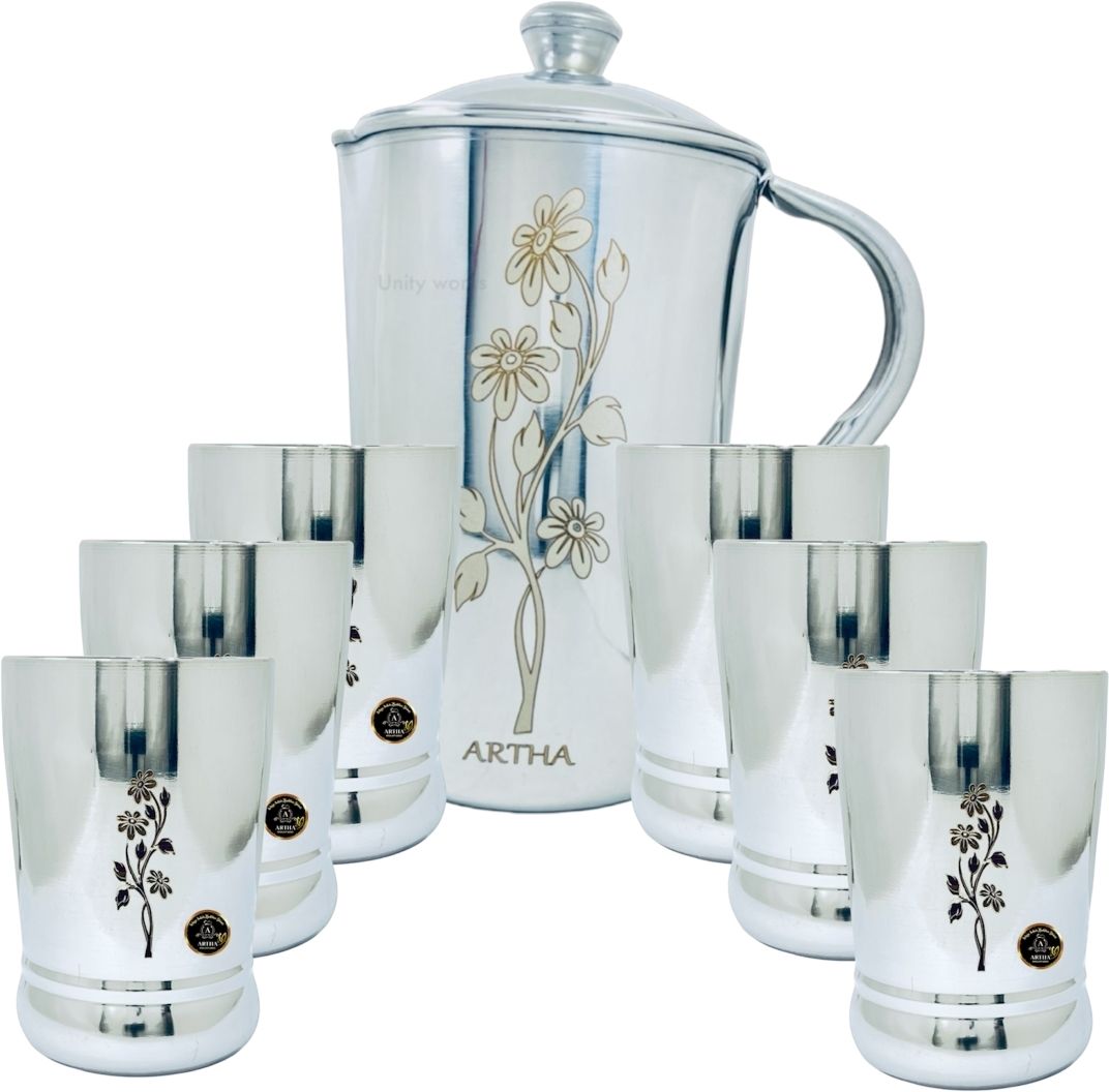 Jug Glass Set 7 Piece-SS Mirror Polished And Laser Printed jug With 6 Glasses Jug Glass Set-image-45