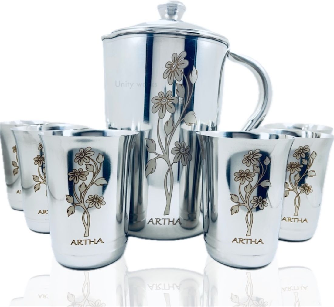 artha Stainless Steel Pack of 7 Mirror Polish And Laser Printed Jug Glass Durable Set Jug Glass Set-picture-37
