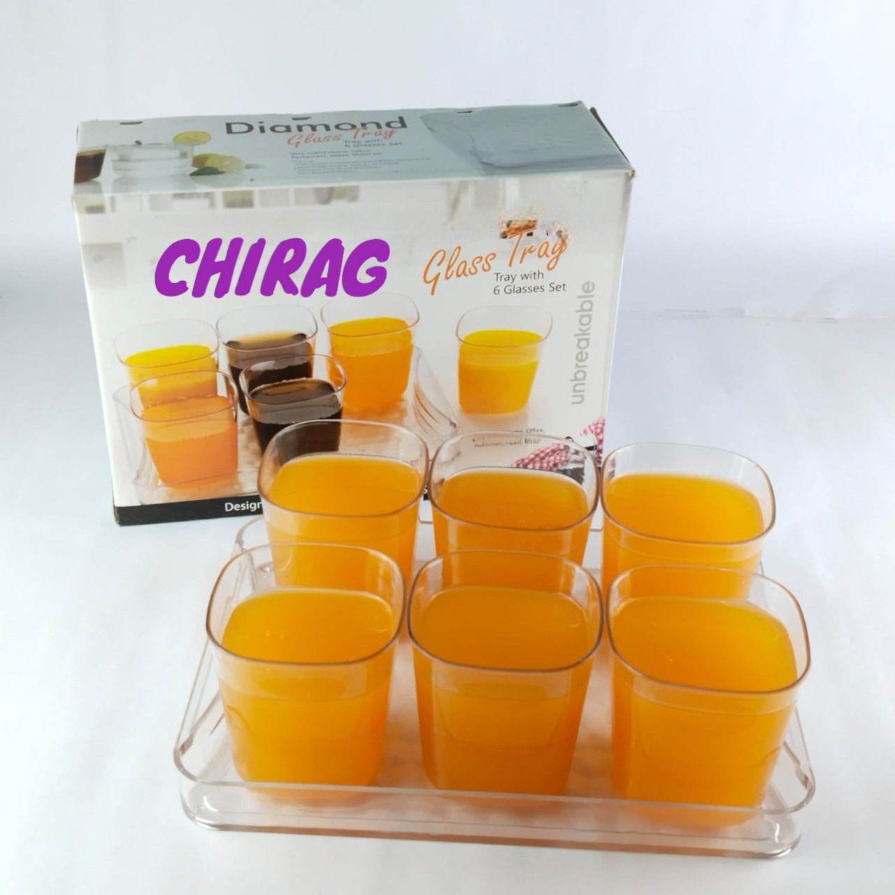 (Pack of 6) Unbreakable Home Water,Sharbat & Juice Drinking Glass set with Plate Glass Tray Set