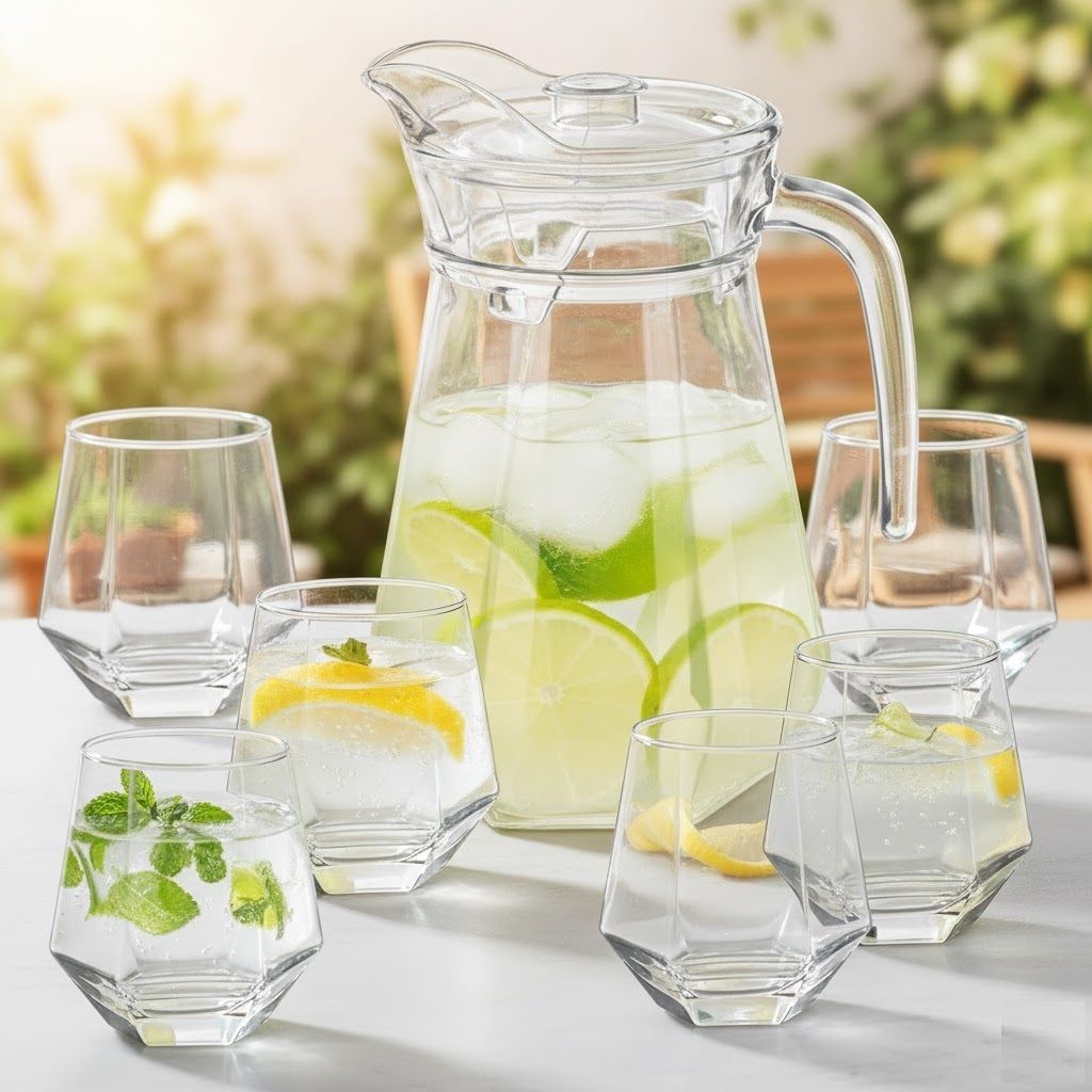Glass Water Jug with 6 Glasses Pitcher with Lid & Handle | Beverage Serving Set Jug Glass Set-image-30