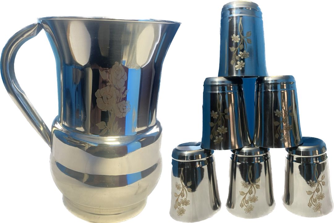 clasy Fancy Stainless Steel Laser printed Jug Modern Desing with 6 pcs Of Glass set Jug Glass Set-picture-39