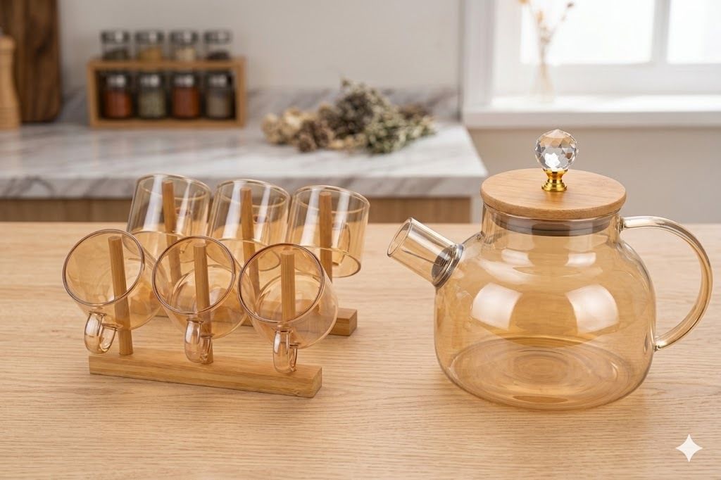 Iced Tea Serving Set with Glass Teapot, Bamboo Lid and 6 Cups Jug Glass Tray Set-image-11