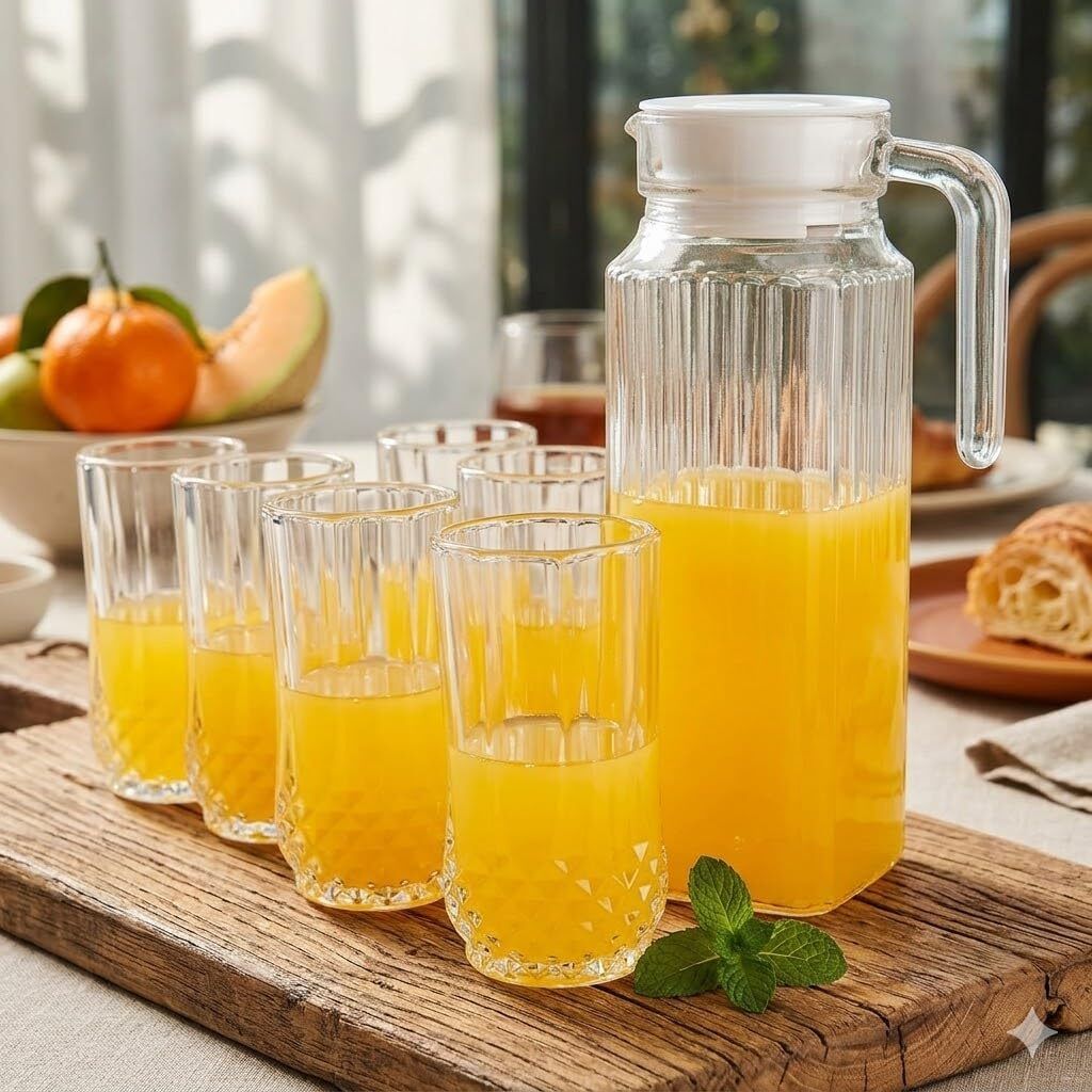 Lemon Glass Set with Jug 1000Ml Jug with 250ML 6Pcs Glasses|Heat&Cold Resistant Jug Glass Set-image-6