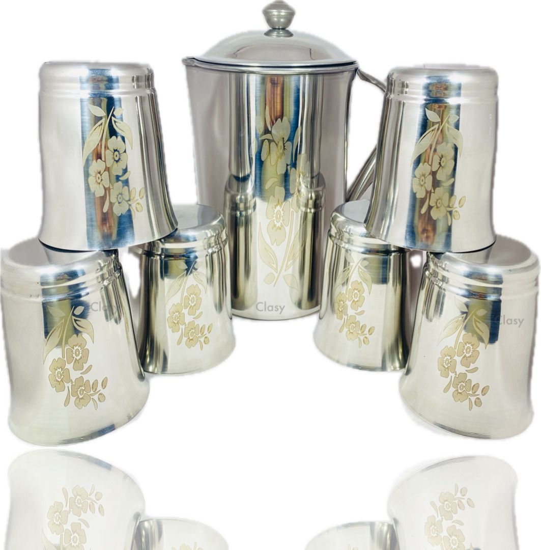 clasy Fancy 100% Stainless Steel Flower printed Jug with 6 pcs Of Glass set Jug Glass Set-picture-40