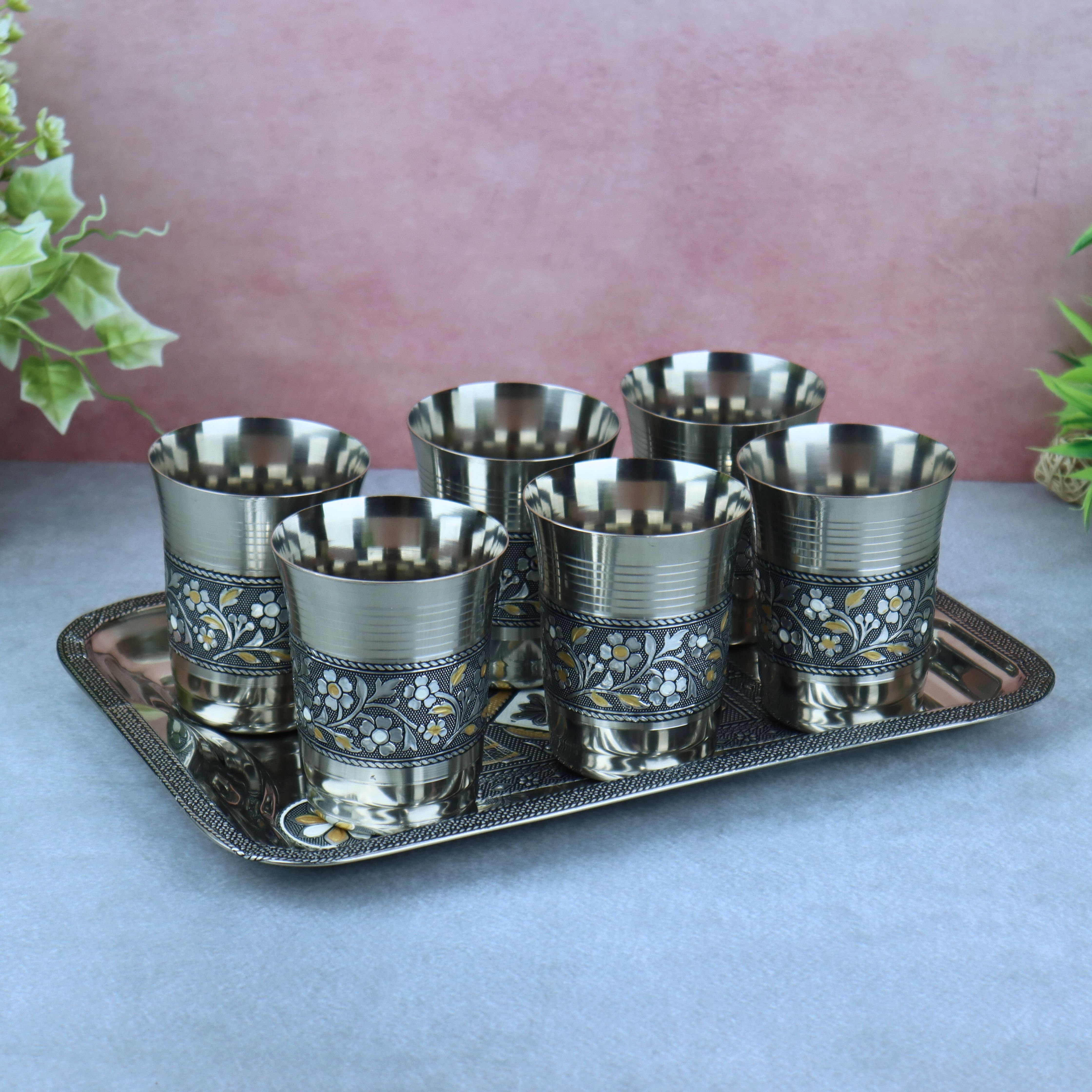 Glasses with Tray Set | Silver Oxidized Meenakari Tray Set | Ideal Return Gift Glass Tray Set-image-38