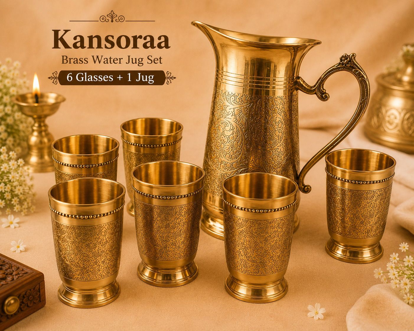 Brass Water Jug & Glass Set | Premium Engraved Drinkware Set with 1 Jug, 6 Glass Jug Glass Set-image-30