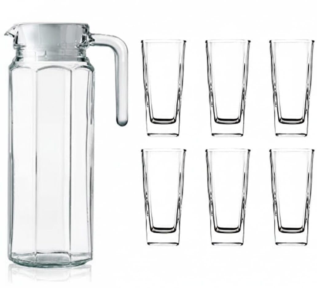 goldfinch Glass Jug with Lid & 6 Glass Set – Beverage Pitcher Set for Water, Juice, Soda Jug Glass Set-picture-34