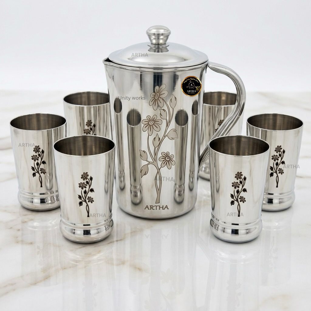Artha Pack Of 7 Include 1 Jug 2 Litre Capacity With 6 Glasses 400 ml Each Mirror Polished And Laser Printed Water Jug Glass Set Jug Glass Set-image-34
