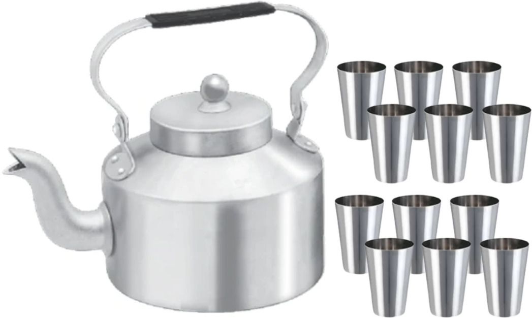 Traditional Aluminium Roadside Tea Kettle, ketli and steel tea glass set of 12pc Glass Tray Set-image-14
