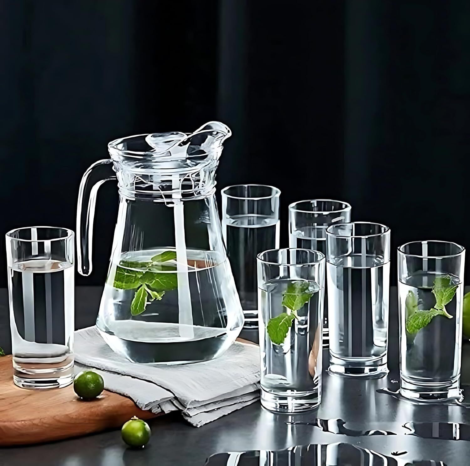 Italian Premium Water & Juice Glass Set 6 pcs with Jug for Home Kitchen Dining Jug Glass Set-image-34