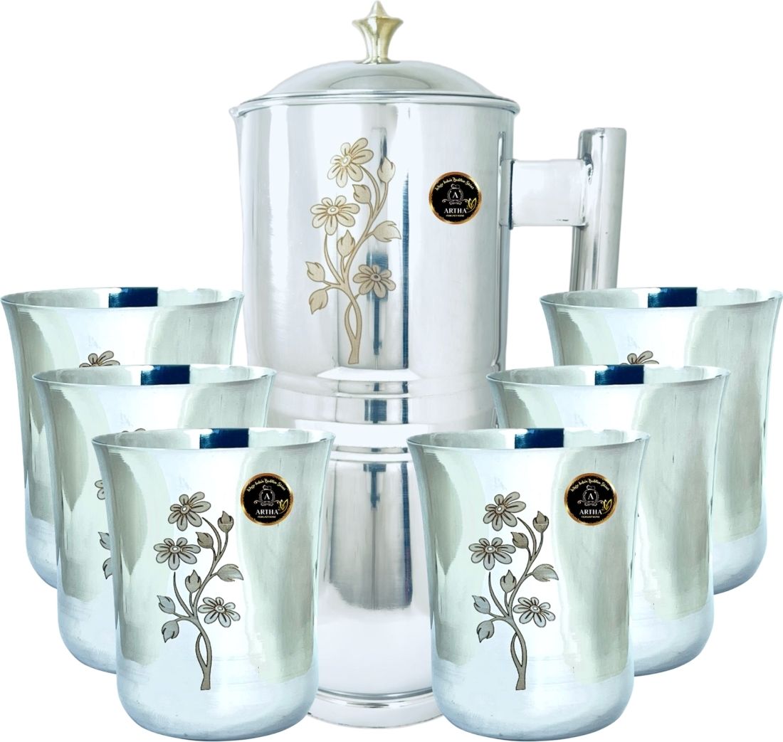 Artha Jug Glass Set pack Of 7 -Stainless Steel Mirror Polished And Laser Printed 2 Litre Water Jug With Brass Knob on lId And 6 Heavy Duty Glasses 400 Ml Each Jug Glass Set-image-7