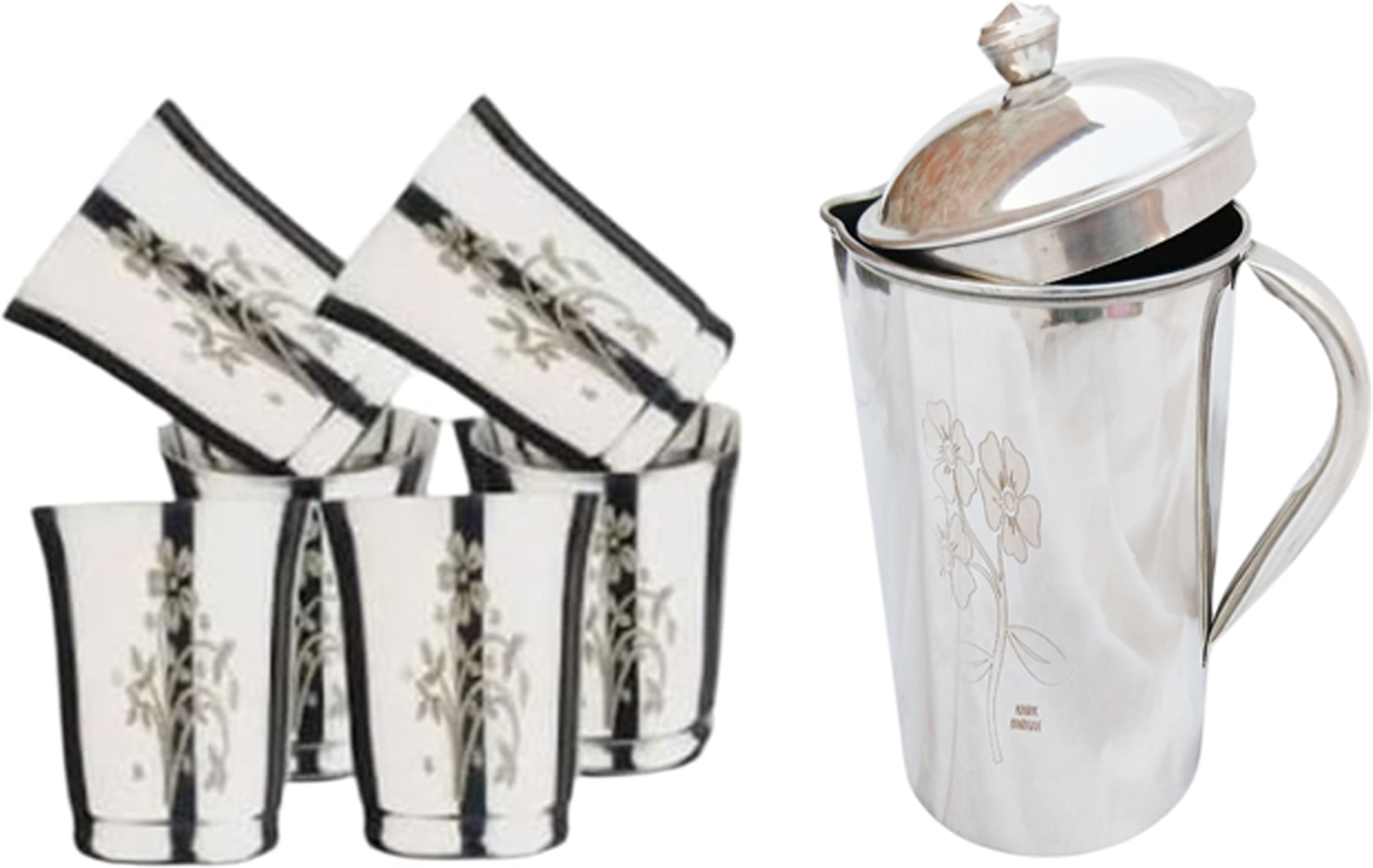 Stainless Steel Water Jug 2 Litre with lid and 6 Glass Set (Jug Size: 25 cm) Jug Glass Set-image-3