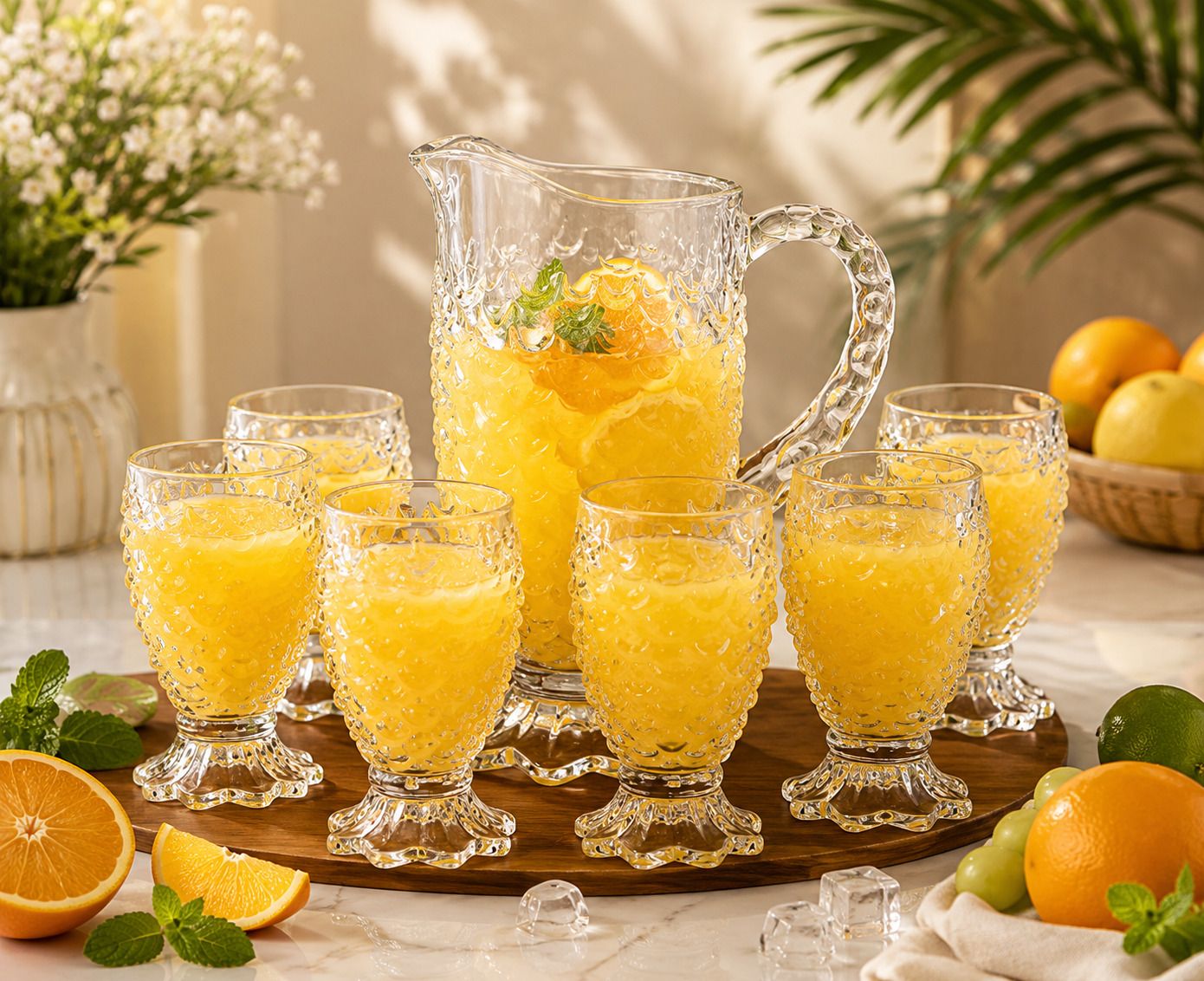 2 Litre Glass Pitcher and Glass Set Pineapple Textured Transparent Beverage Set Jug Glass Set-image-17