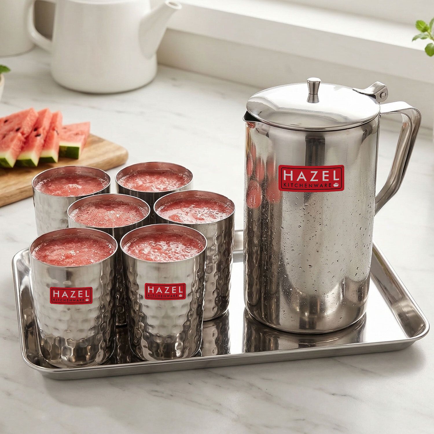 hazel Stainless Steel Water Jug with Lid, Hammered-Style Glass, Serving Tray Jug Glass Tray Set-picture-44