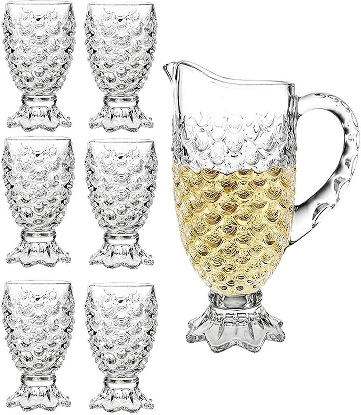 Glass Water & Juice Jug Set with 6 Drinking Glass (1.3L Jug + 250ml Tumblers) Jug Glass Set-image-24