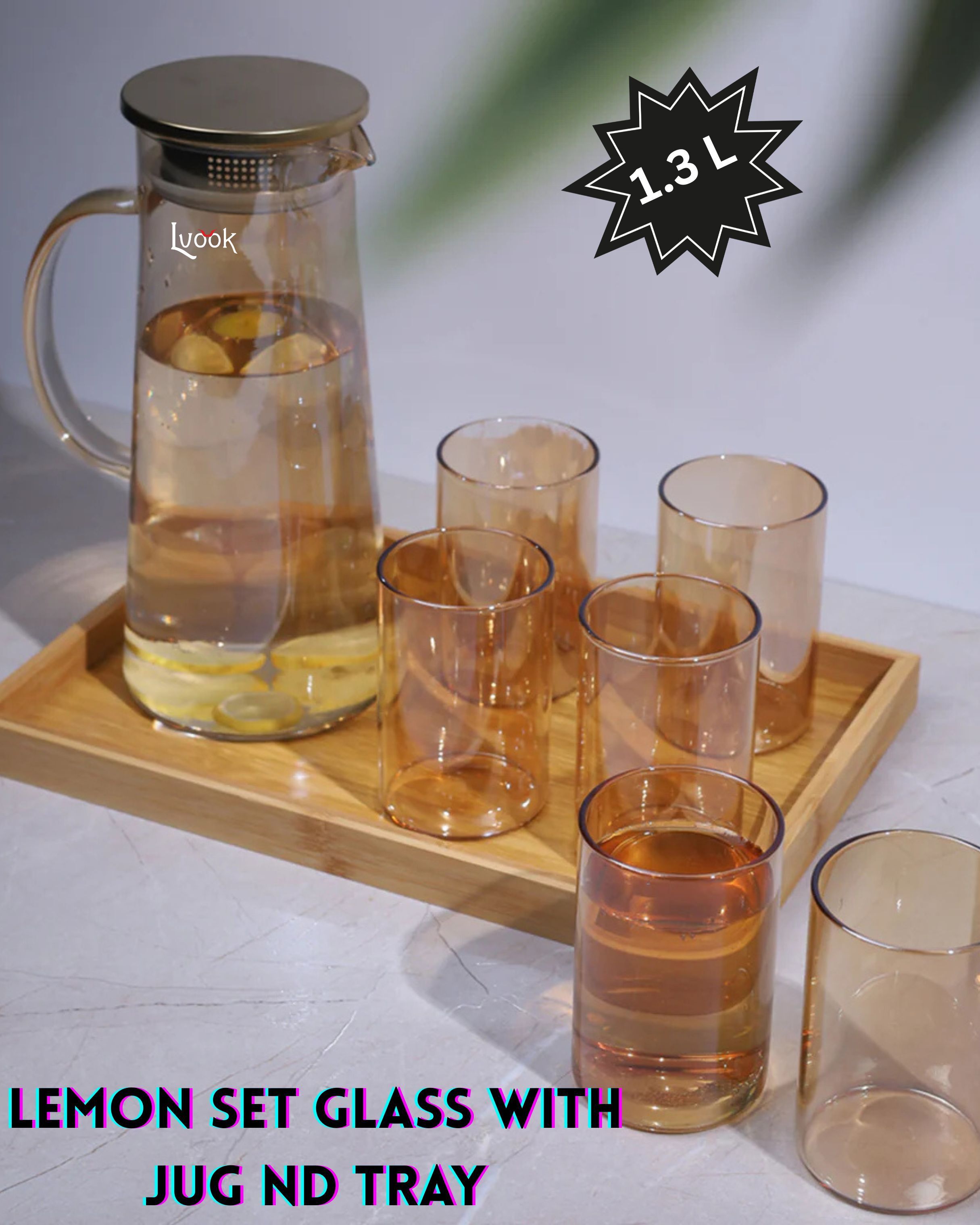 Golden Jug Glasses Set With Wooden Tray Jug Glass Tray Set-image-47