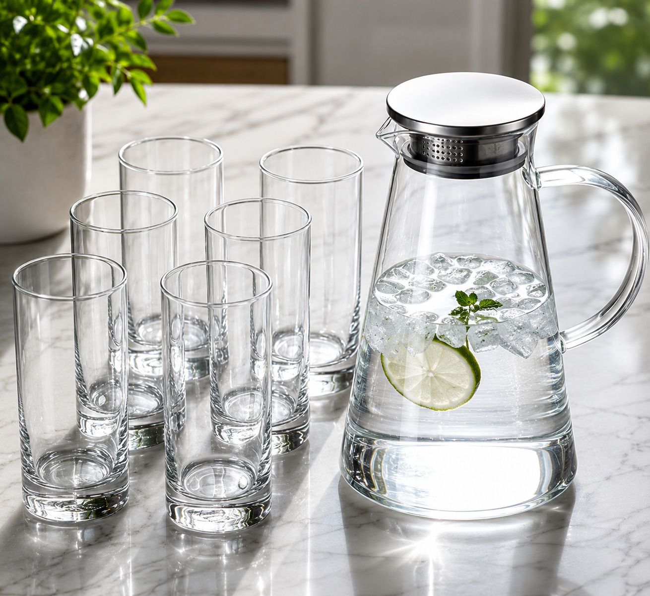 6 PC Glasses 300ML and 1 Water Jug 1.8 Liter Jug Glass Set-image-39