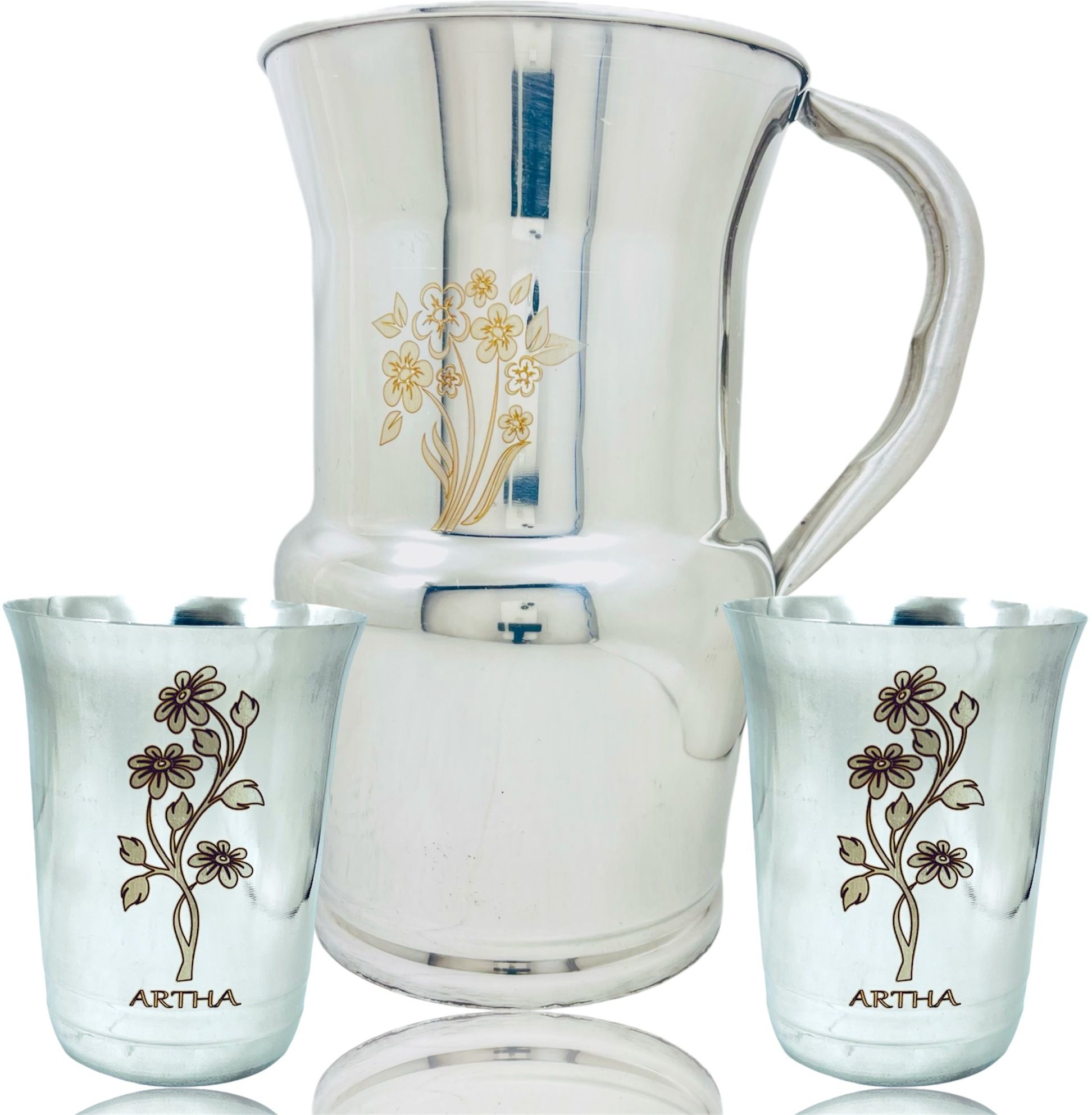 S.S.Laser-Printed Jug (2L) with 2 Glasses (400ml) - Premium Mirror Finish Jug Glass Set-image-10