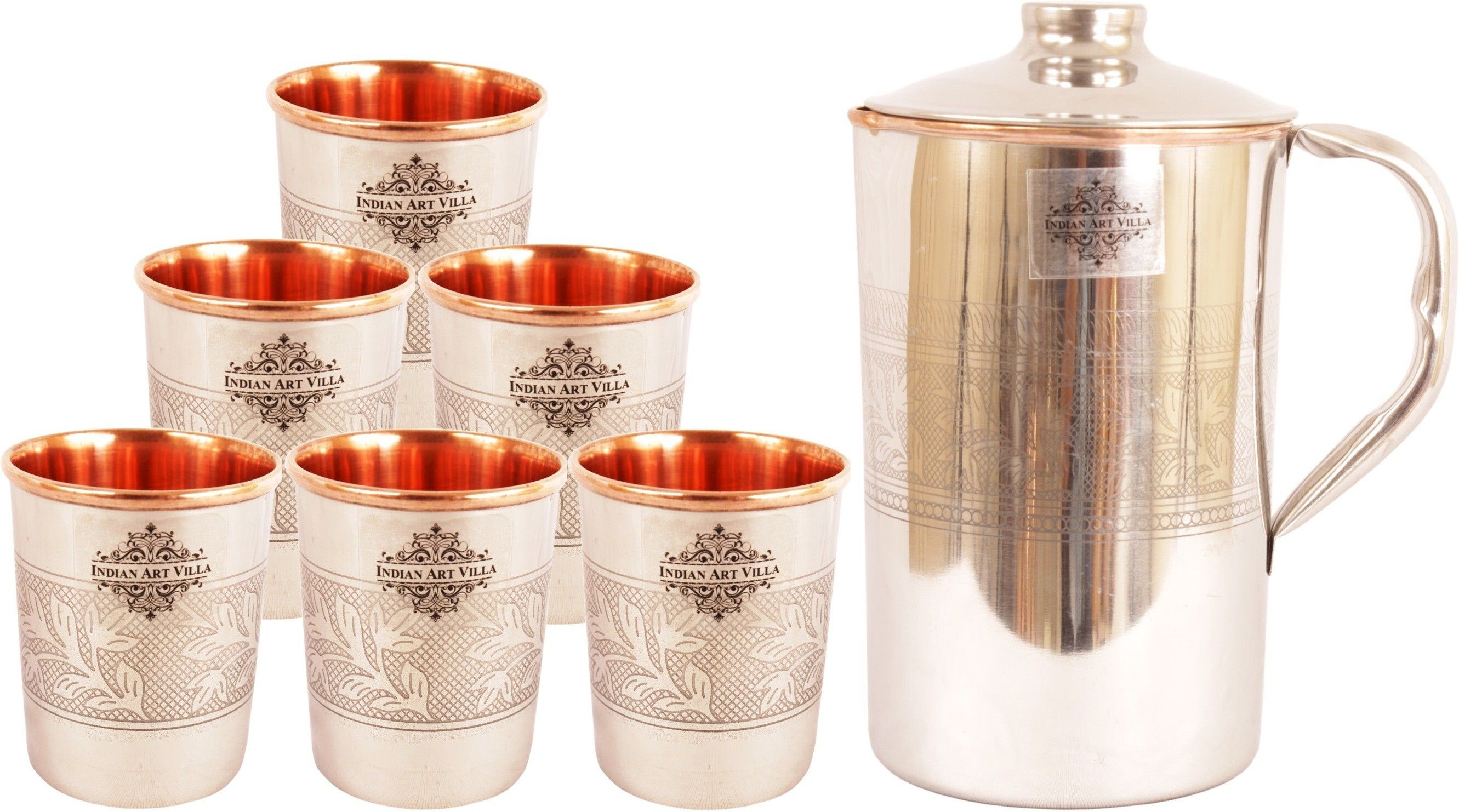 indianartvilla Steel Copper Embossed Jug Pitcher 1750 ML with 6 Glass Tumbler 250 ML each - Tableware Storage Water Jug Glass Set-picture-39