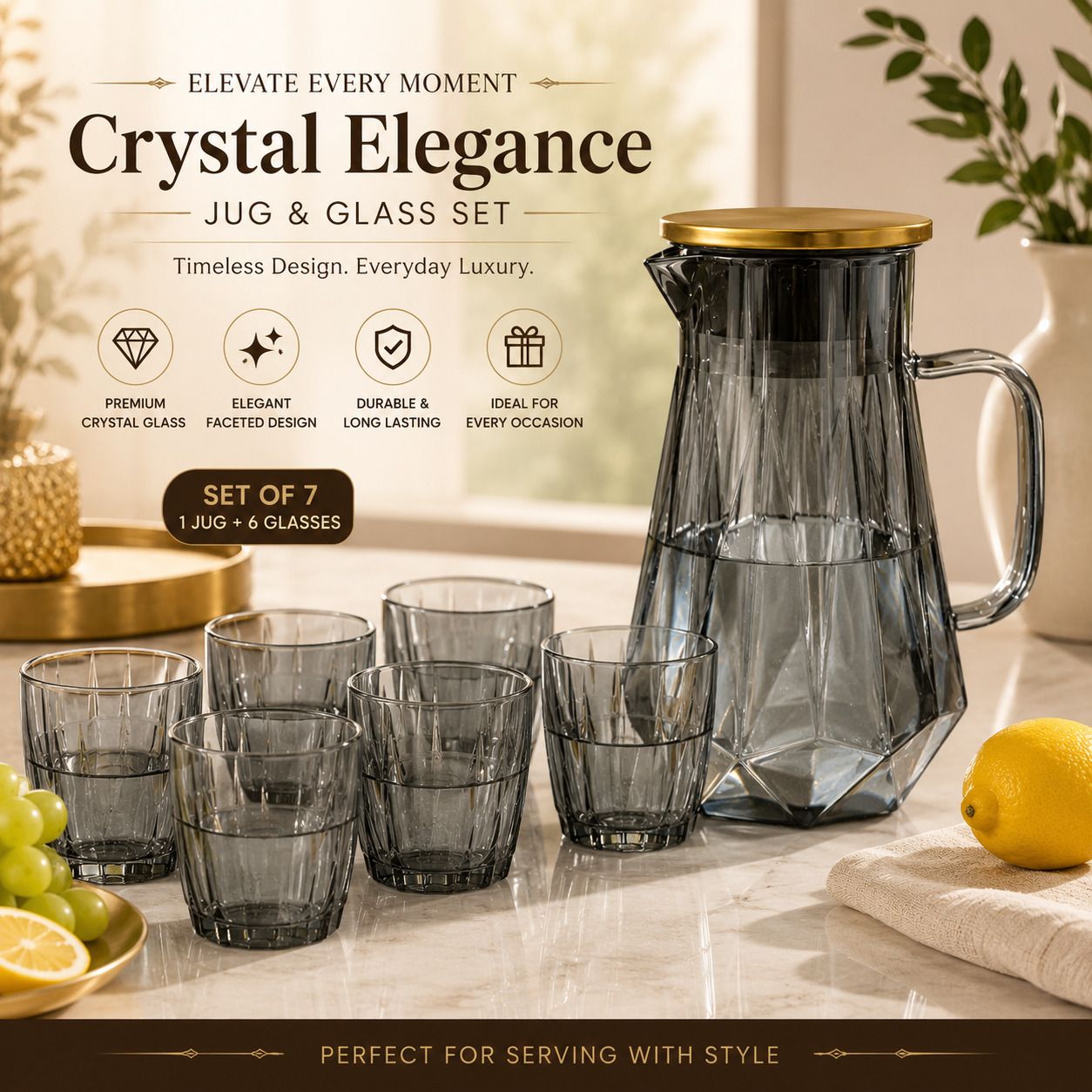 Premium Black Water and Juice Glasses Set for Dining Table,Party Jug Glass Set-image-27
