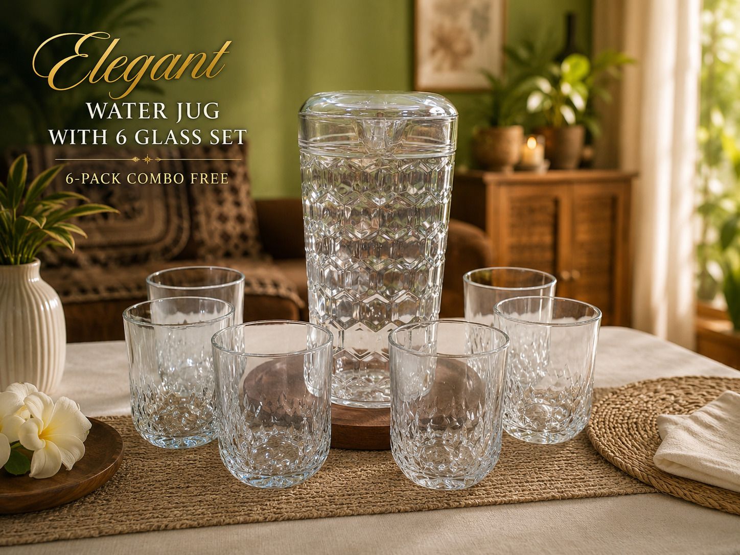 Premium Diamond Cut Acrylic Water Jug with Lid & 6 Designer Glasses Set Jug Glass Set-image-40