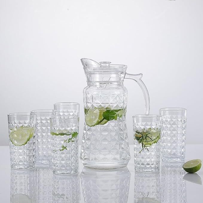 Premium Diamond Cut Glass Water Jug Set with 6 Glasses | Juice Serving Set Jug Glass Set-image-39