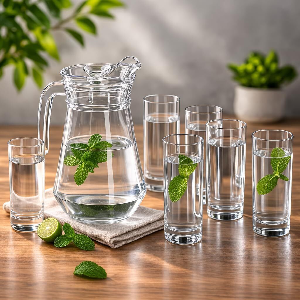Glass Beverage Set | Water Pitcher with 6 Drinking Glasses for Home & Kitchen Jug Glass Set-image-13