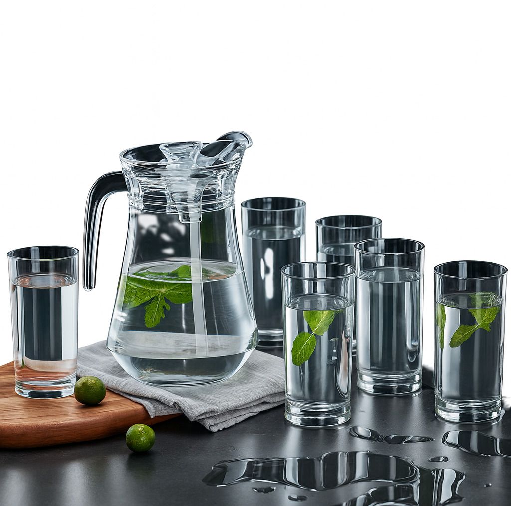 Premium Jug Glass Set - Jug 1.3 Liter, 6Pc Glass 190 ML,Tableware & Dinnerware N Jug Glass Set