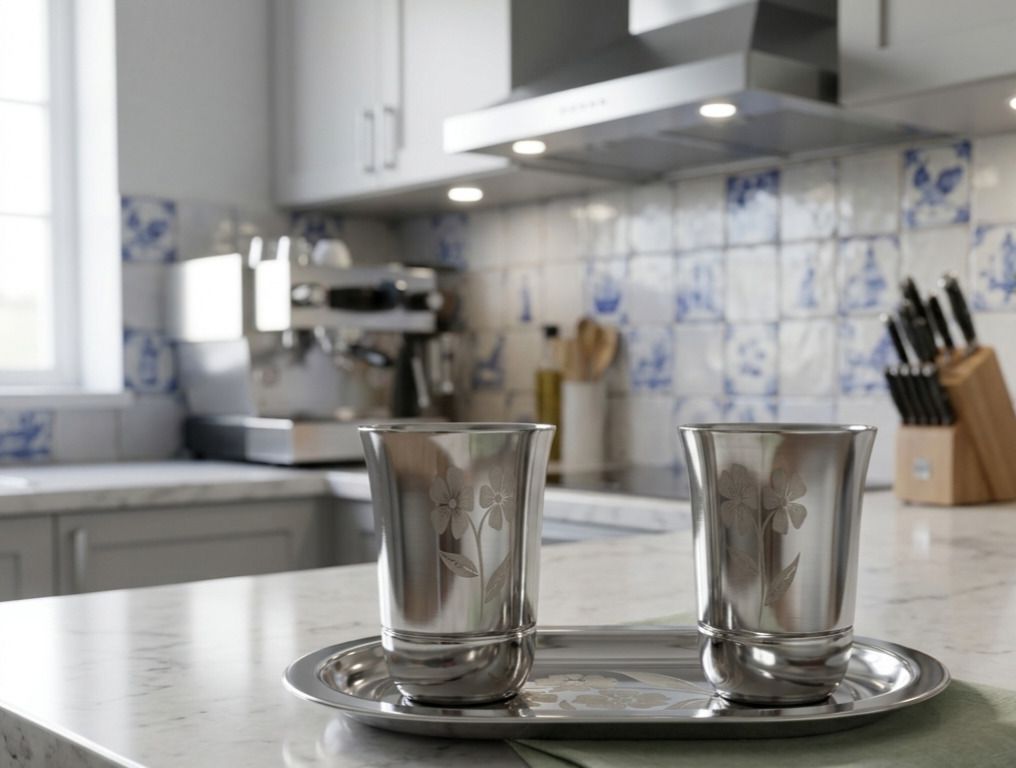 ASHA ENTERPRISES Steel Glass Tray Set , 2 Tumblers with Oval Serving Tray, Silver Glass Tray Set-picture-12