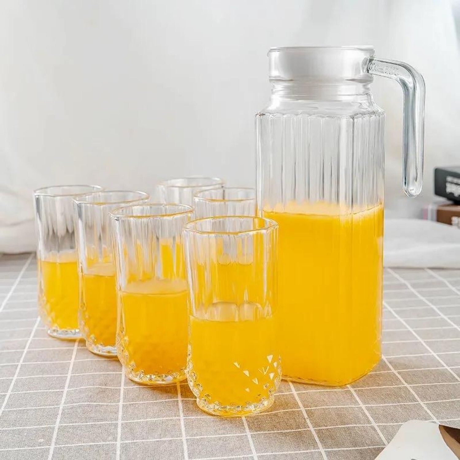 Premium Glass Lemon Set, 7 Pieces, 1 Jug 1000ML with 6 Glass 250ML, Transparent Jug Glass Set-image-11