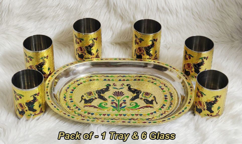 MNK Meenakari Tray Glass Set Water Juice Steel Serving Set Minakari Handicraft Glass Tray Set-image-34