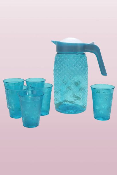 2 lt Plastic Water Jug with Lid & Handle and 6 Pcs Serving Glass Set Combo/A6 Jug Glass Set