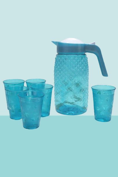2 lt Plastic Water Jug with Lid & Handle and 6 Pcs Serving Glass Set Combo/A7 Jug Glass Set