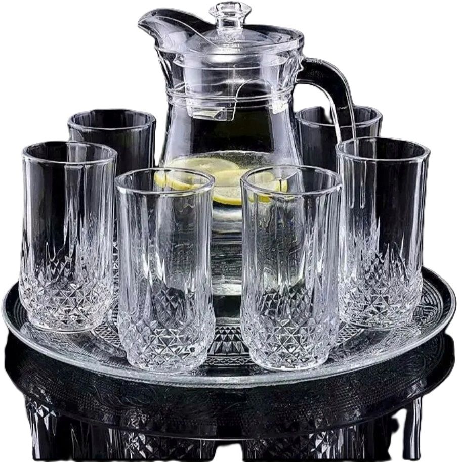 1.3 L Glass Water Jug with 6 × 250 ml Diamond-Cut Drinking Glasses Set Jug Glass Set