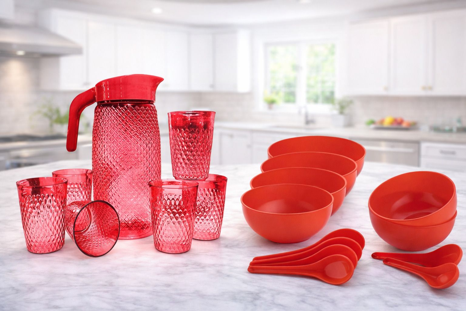 Plastic 1 Water Jug 1.5L 6 Gless with 6 Bowl 6 Spoon Water/Milk/Juice Jug Glass Set