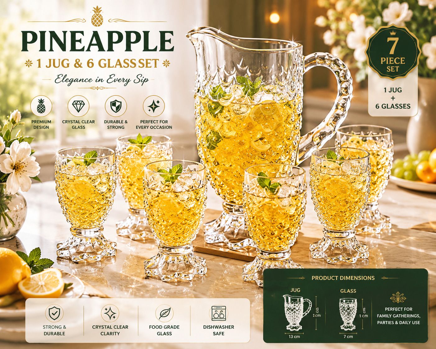 red-rubby 2LITER Glass Pitcher and Glasses Set, Jug with 6 Cups Pineapple Textured Design Jug Glass Set-picture-46
