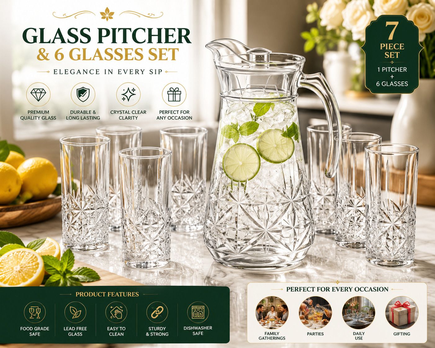 red-rubby 350ML Premium Water & Juice Glasses with 1.6L Designer, Beverage Serving Jug Glass Set-picture-40
