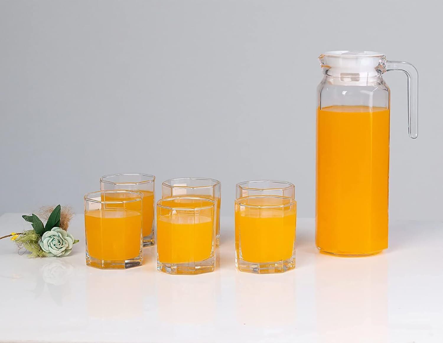Water and Juice Glasses(6 Pieces Glasses 290ml and 1 Water Juice Jug 1 Liter) Jug Glass Set-image-4