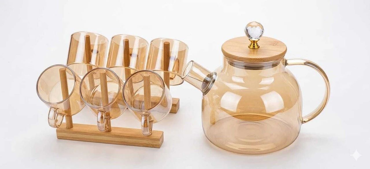 Clear Glass Teapot Set with Bamboo Lid & 6 Cups | Elegant Tea Serving Set Jug Tray Set-image-24