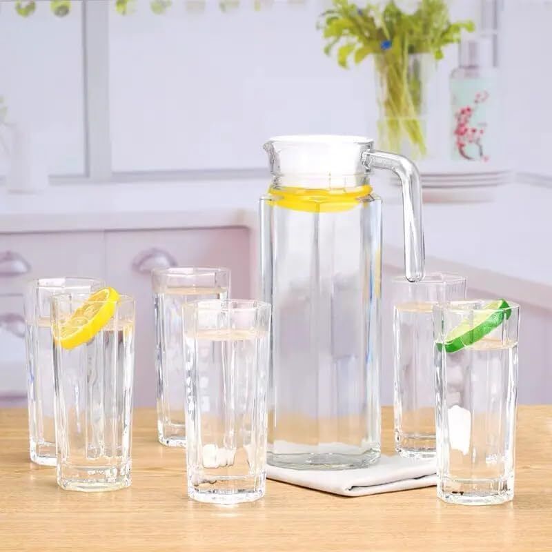 Glass Water Jug Set with 6 Drinking Glasses | Elegant Pitcher with Lid for Home Jug Glass Set-image-12
