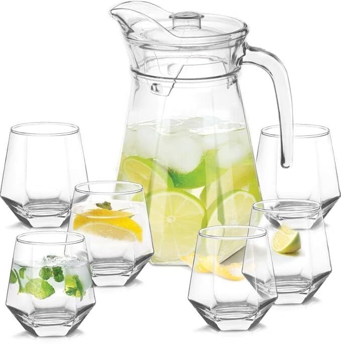 7 Piece Crystal Water Jug & Glass Set with Lid and Handle |Freezer Safe Jug Glass Set-image-41