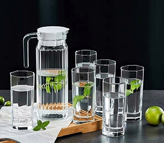 S1Store Italian Premium Elegant Glass Lemon Set of 7,Glass Jug (1.2L) with 6 Glass 270ML Jug Glass Set Jug Glass Set-image-41