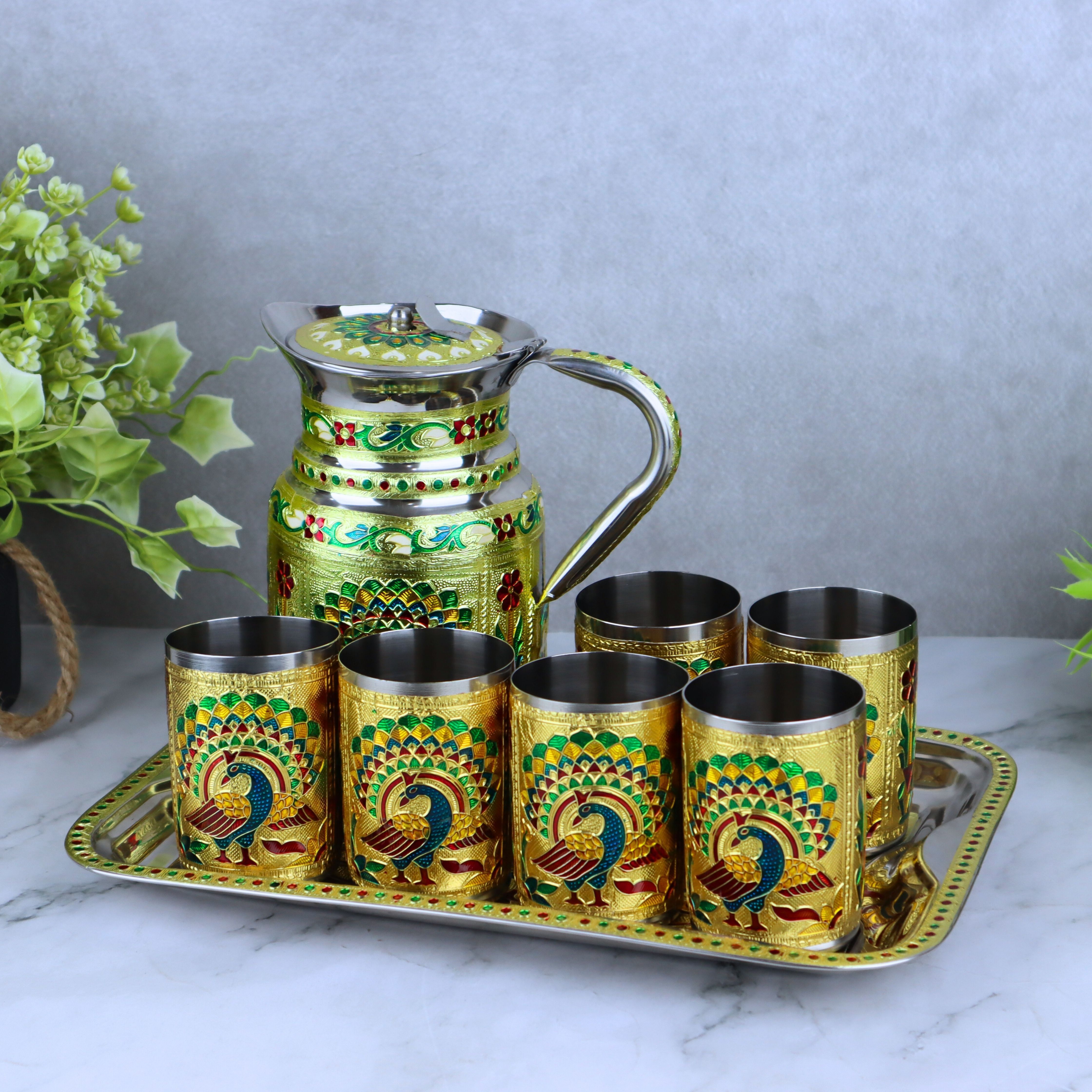Lemon Set Stainless Steel Meenakari Serving Tray Set Jug Glass Tray Set-image-46