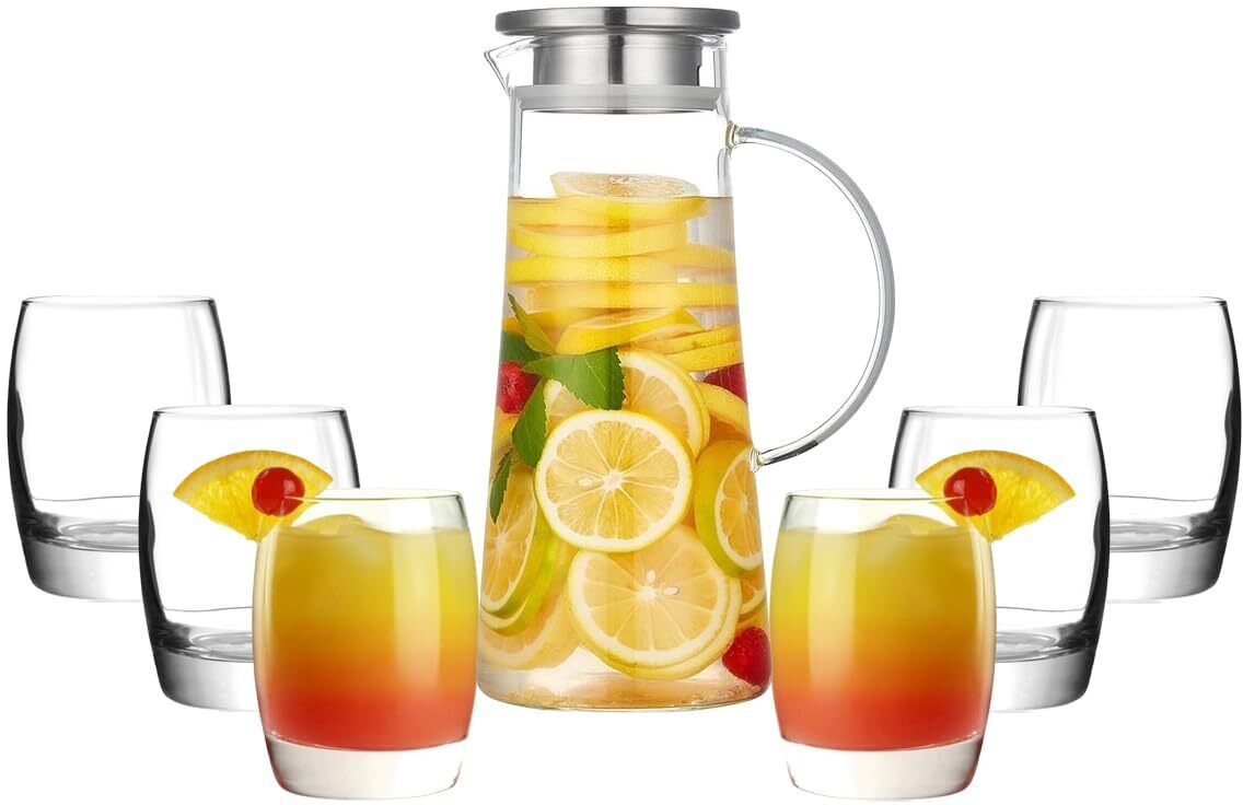 Premium Water Jug and Juice Glasses Set of 6 Jug Glass Set