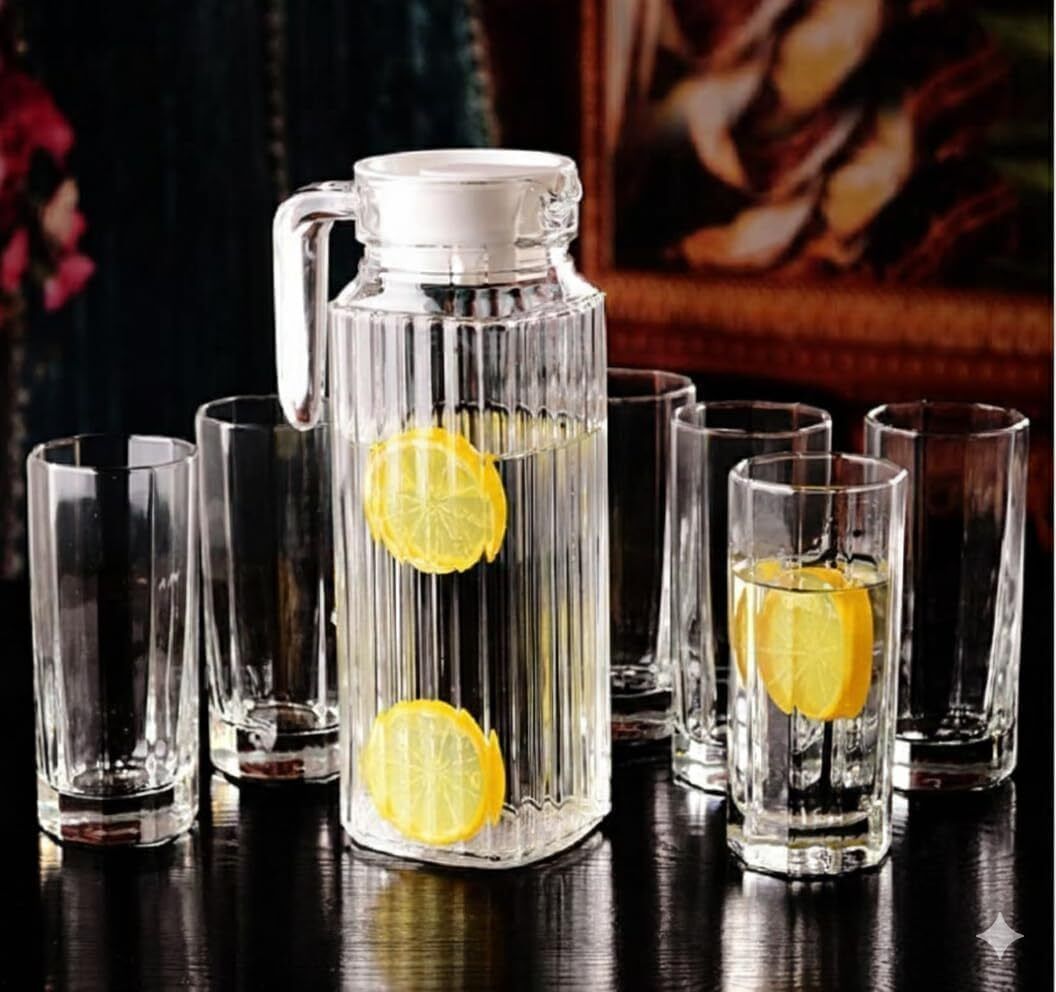 Glass Jug Set with 6 Glasses | Water, Juice & Beverage Serving Set for Kitchen Jug Glass Set-image-47