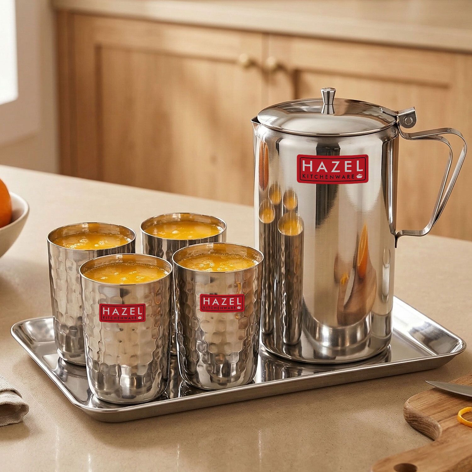 hazel Stainless Steel Drinkware Combo Water Jug, Hammered-Style Glass, Serving Tray Jug Glass Tray Set-picture-43