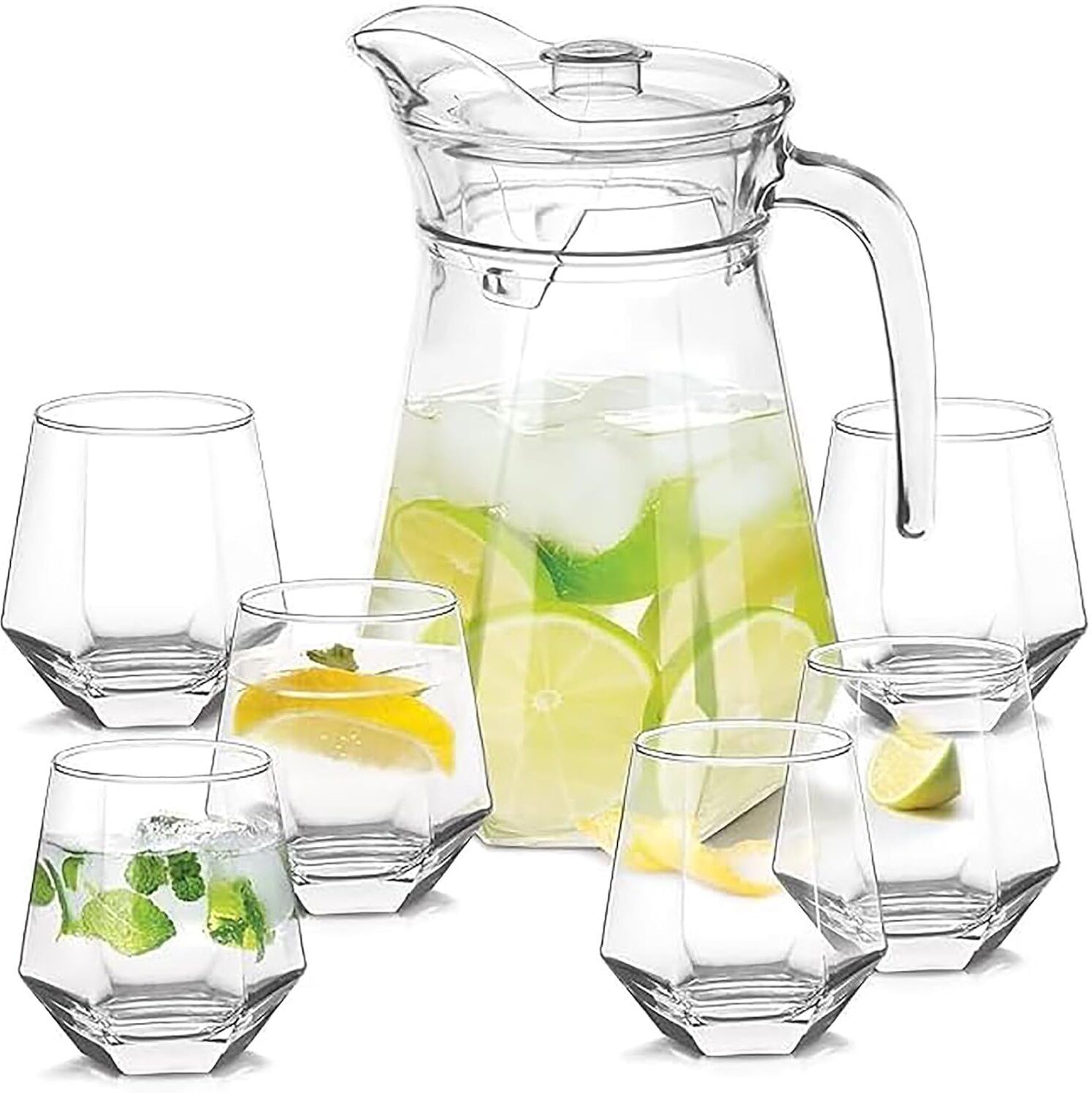 Diamond Water Jug and Juice Glasses Set of 6 350ML and 1.8 Liter Jug Glass Set