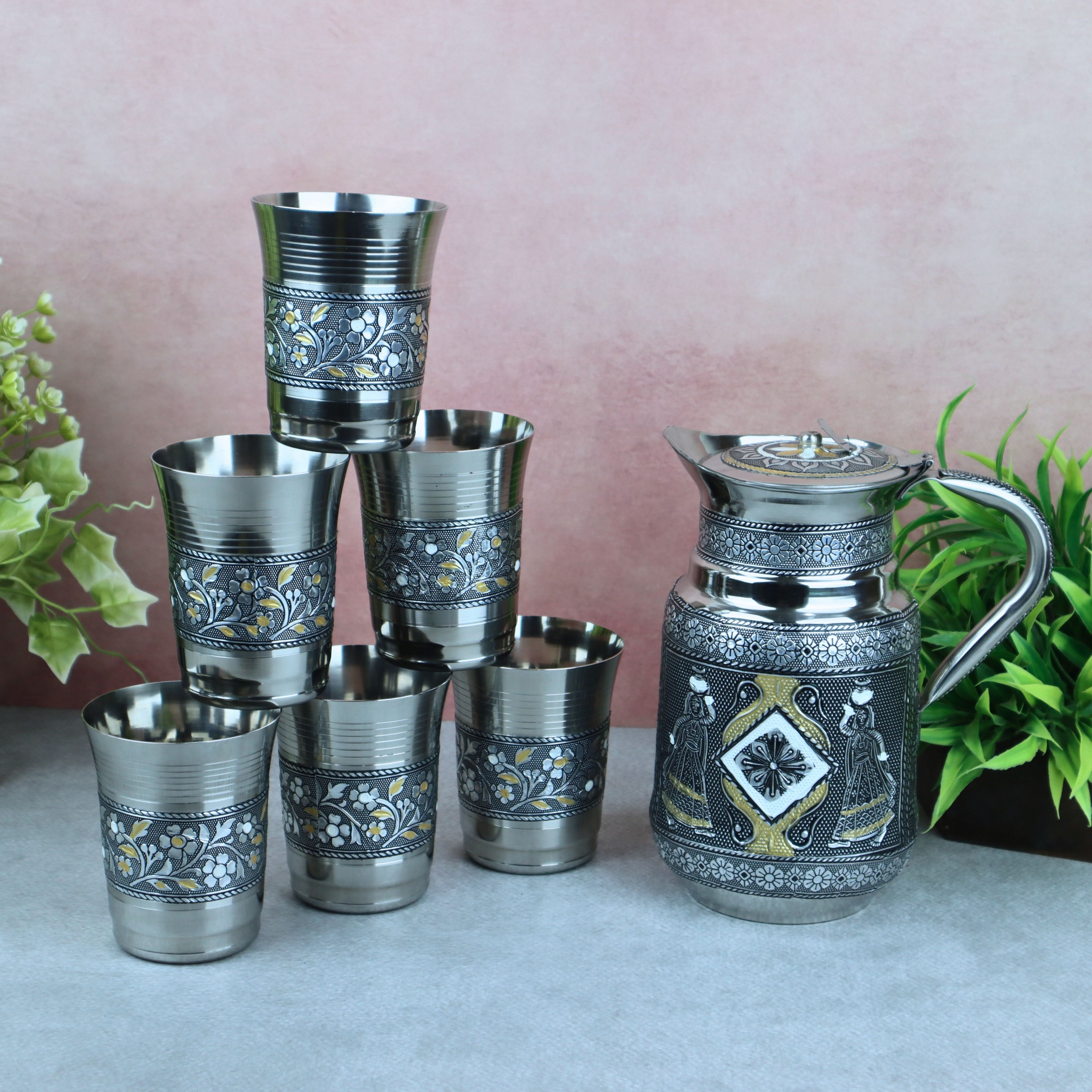 Jug and Glasses Set | Silver Oxidized Meenakari Set | Ideal Return Gift Jug Glass Set-image-26