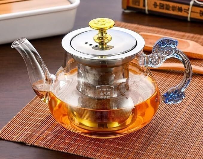 DealGuru01 Glass Green Tea Kettle with Infuser & Blue Handle 450 ML Tea Urn